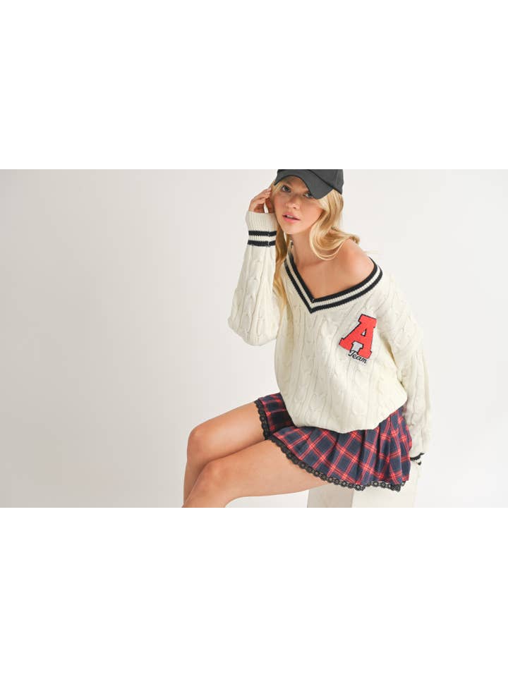 Klesis - Wholesale Knit Sweater - Women's - IT2990 VARSITY PATCH V NECK CABLE KNIT SWEATER17