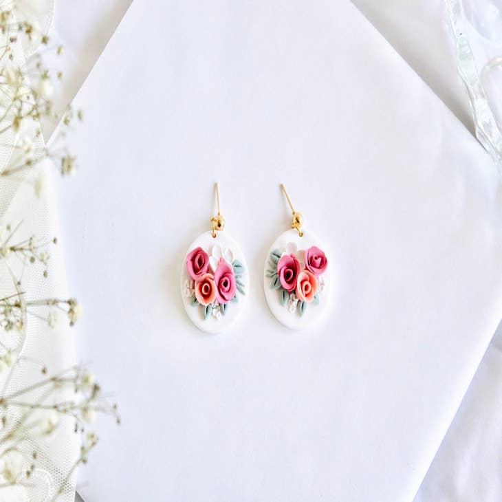 Flower Polymer Clay Hoop Earrings, Dangle Earrings, Floral Jewelry,  Statement Earrings, Handmade Accessories