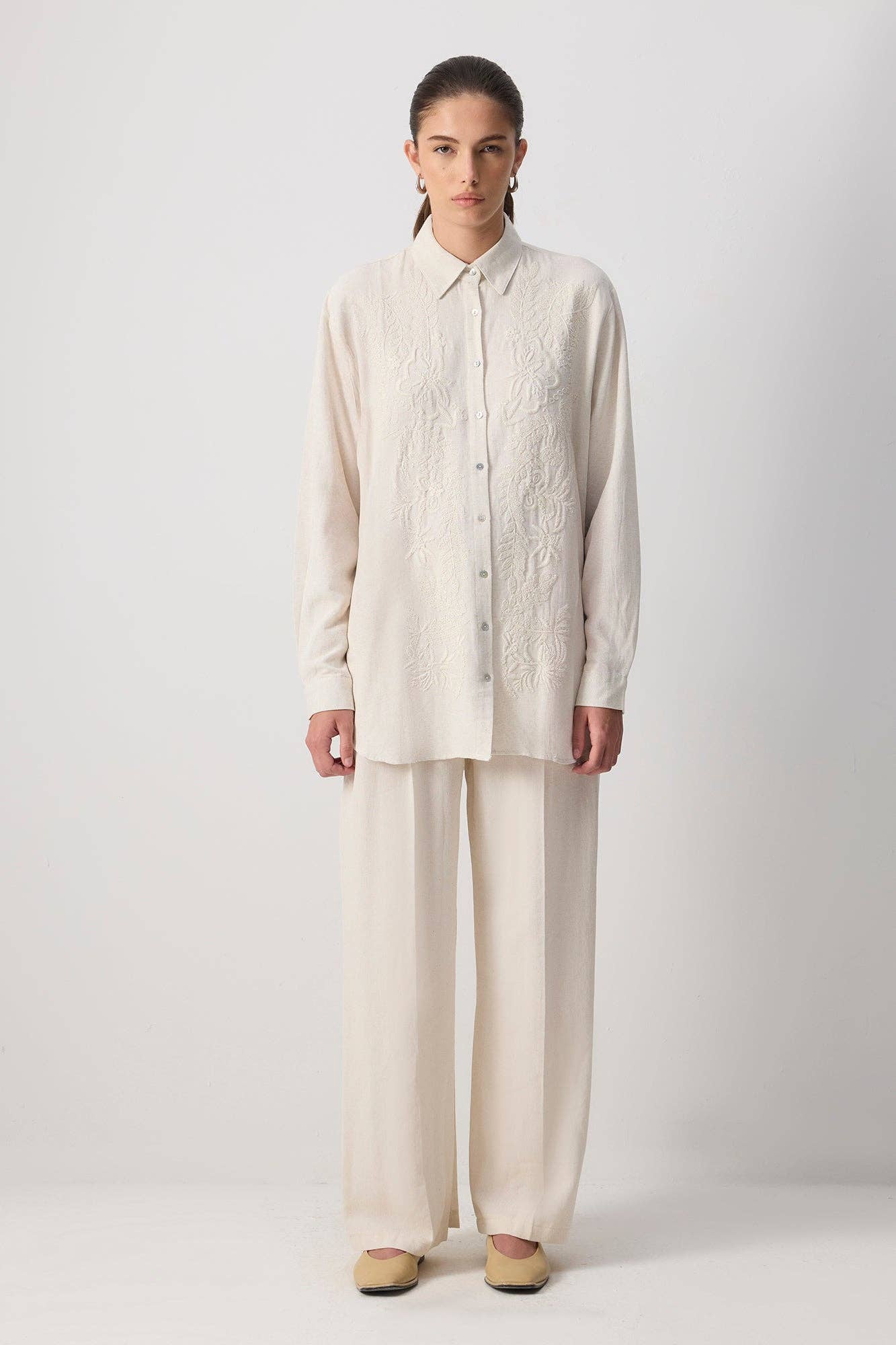 Naturel Embroidered Linen-Blend Longline Shirt – Natural Tone for wholesale on Faire1