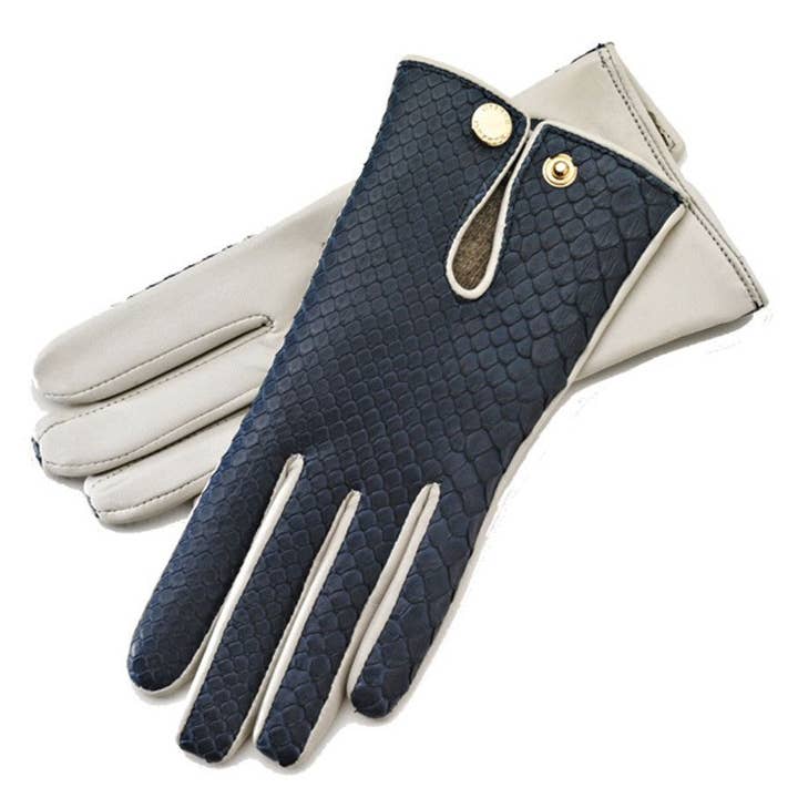 Audrey Python Bleu leren handschoenen voor wholesale door 1861 Glove Manufactory