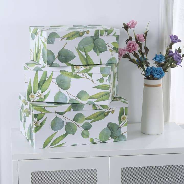 Soul & Lane - Wholesale Decorative Box - Set of 3 Sprigs Of Green Decorative Cardboard Boxes With Lid