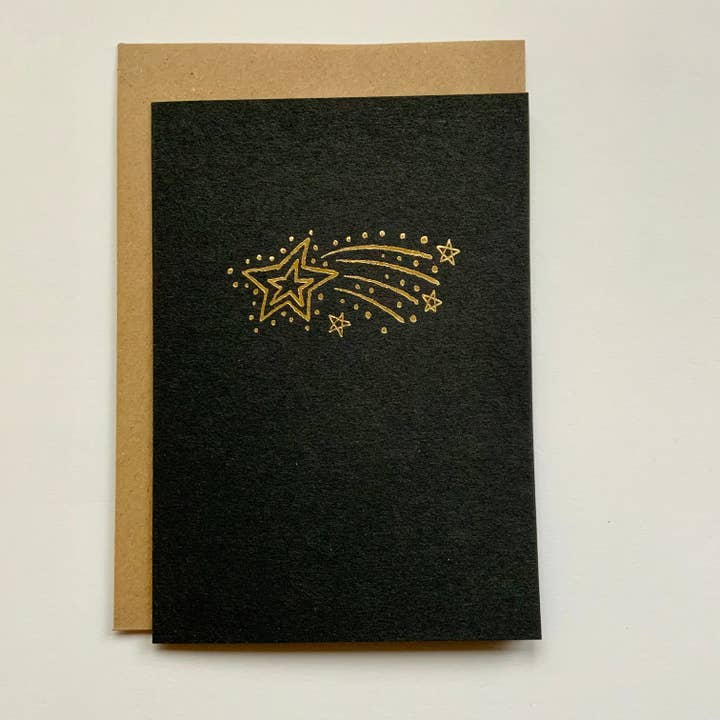 Shooting Star - hand foil block printed greeting card on recycled paper for wholesale by Takako Copeland