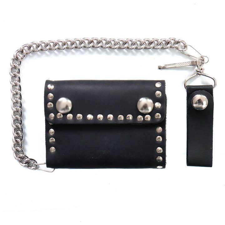 BLK Hot Leathers 4" Naked Leather Studded Bifold Chain Wallet for wholesale on Faire