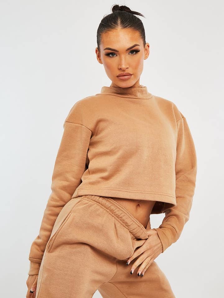 Camel High Neck Cropped Sweatshirt - Orli for wholesale by Rebellious Fashion