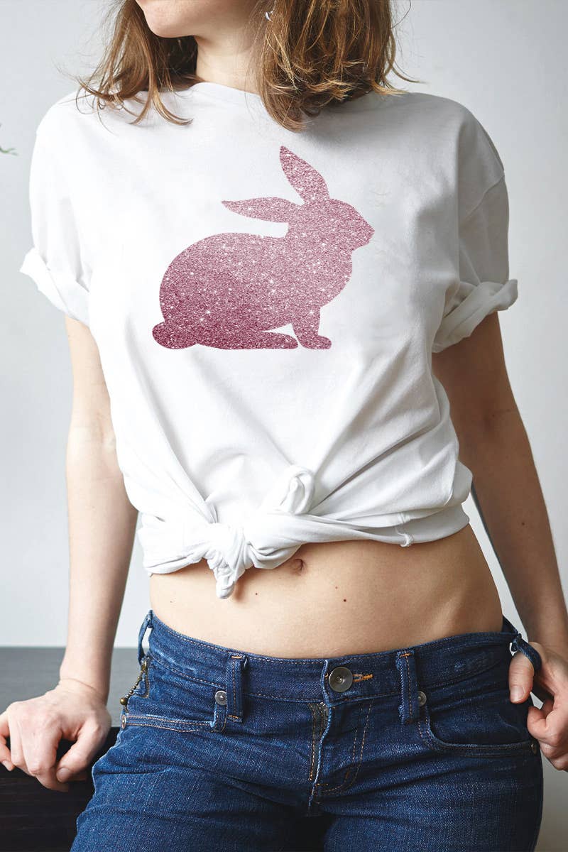 One Nine - Wholesale Screen Printed T-Shirt - Women's - Glitter Bunny tshirt, Happy Easter7