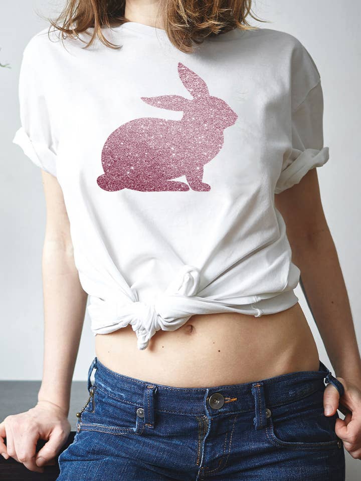 One Nine - Wholesale Screen Printed T-Shirt - Women's - Glitter Bunny tshirt, Happy Easter7