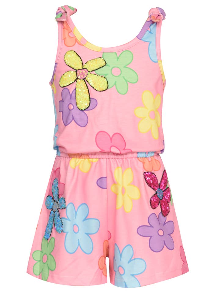 PINK MULTI FLOWER PRINT ROMPER W/ FLOWER TRIM DETAIL for wholesale on Faire