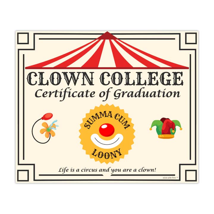 Clown-College-Abschlusszertifikat-Aufkleber für den Großhandel von Stick With Finn