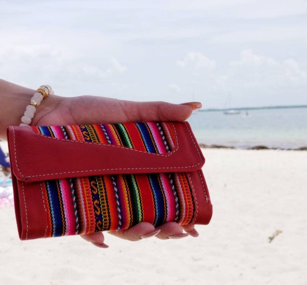 Pichincha - Vente Portefeuille – femme - Portefeuille à trois volets en cuir péruvien à rayures tribales4