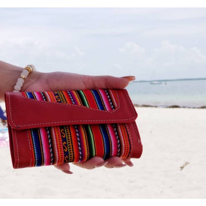 Pichincha - Vente Portefeuille – femme - Portefeuille à trois volets en cuir péruvien à rayures tribales4