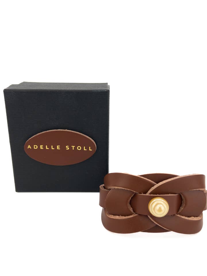 Luna Brown Leather Cuff w/South Sea Pearl California Made for wholesale by Adelle Stoll