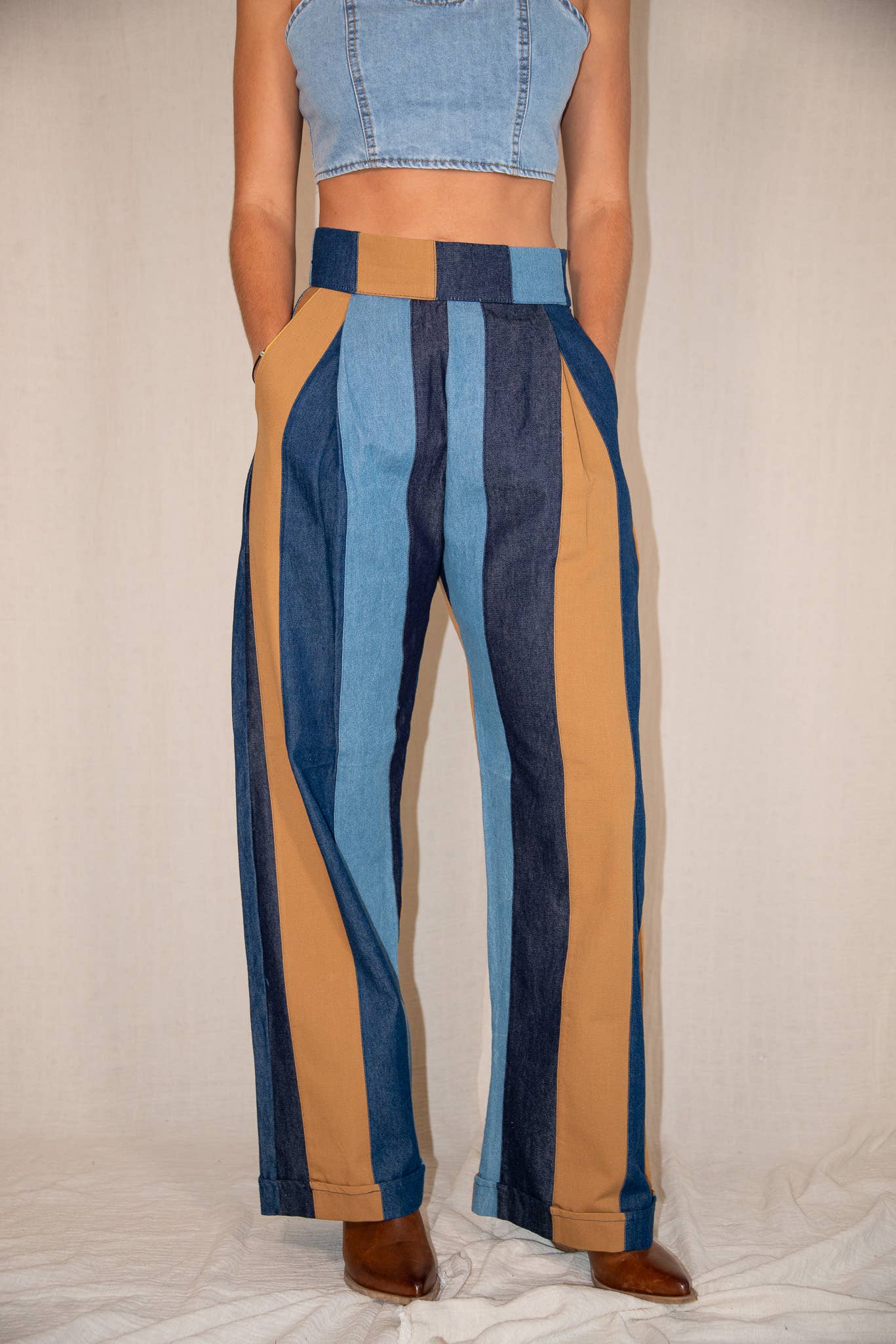 Gipcco Design - Wholesale Pants - Women's - Denim Striped Patchwork Pants – Straight Leg, Wide Fit