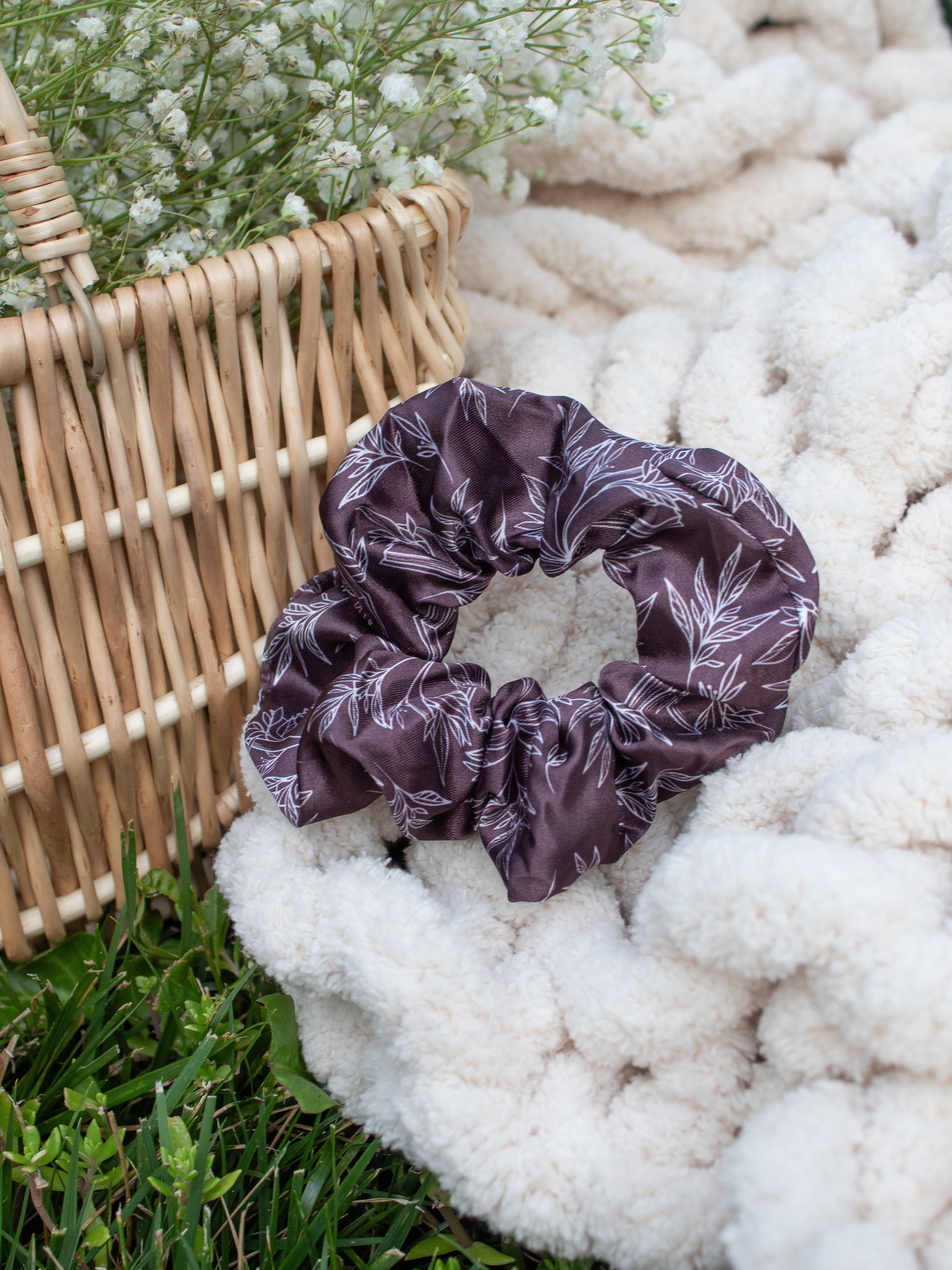 Meaggie Moos - Wholesale Scrunchie - Women's - Bookish Satin Scrunchie | Maroon Floral Book1