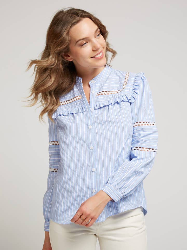 CESSIA - Striped Blouse with Openwork Ruffles for wholesale by Andy & Lucy