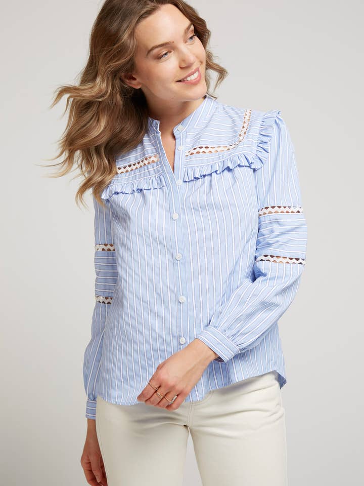 CESSIA - Striped Blouse with Openwork Ruffles for wholesale by Andy & Lucy