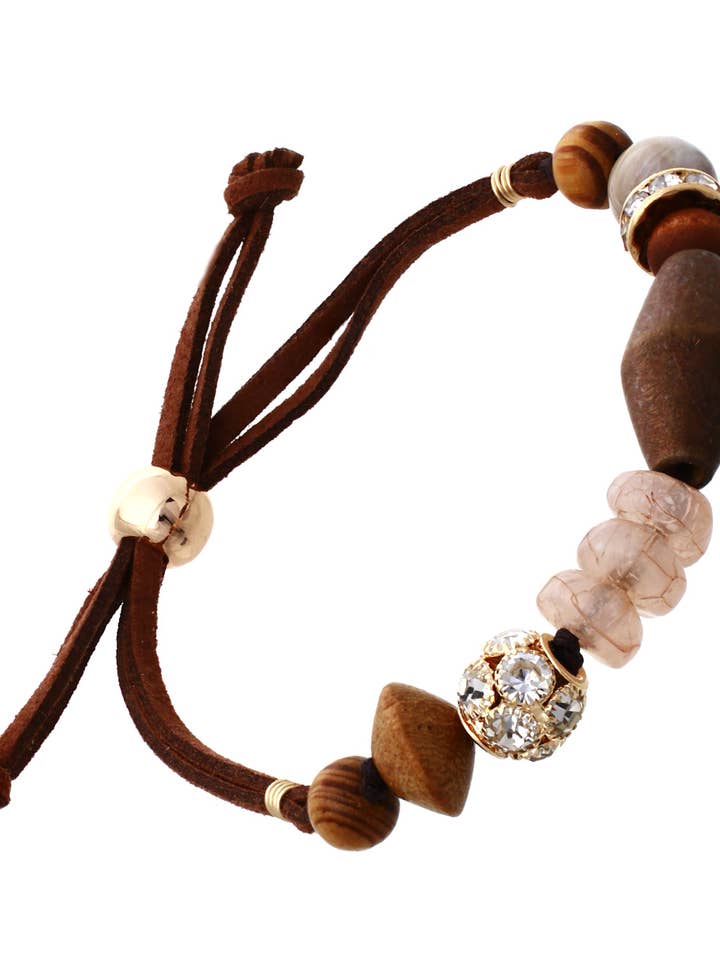 Gold + Wood Beaded Adjustable Bracelet for wholesale by Accessorize Me