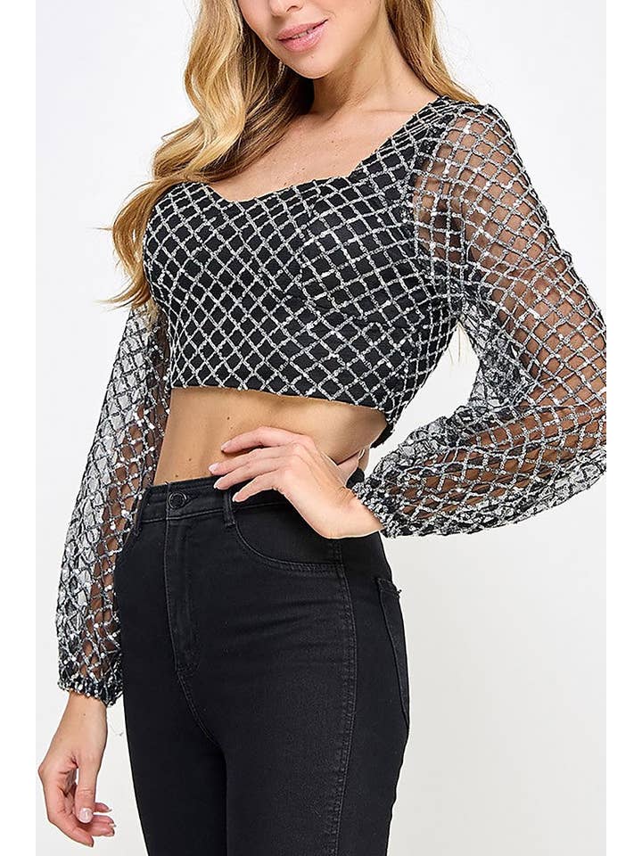 ROUSSEAU - Wholesale Blouse - Women's - SEQUIN SWEETHEART NECK LONG SLEEVES CROP TOP