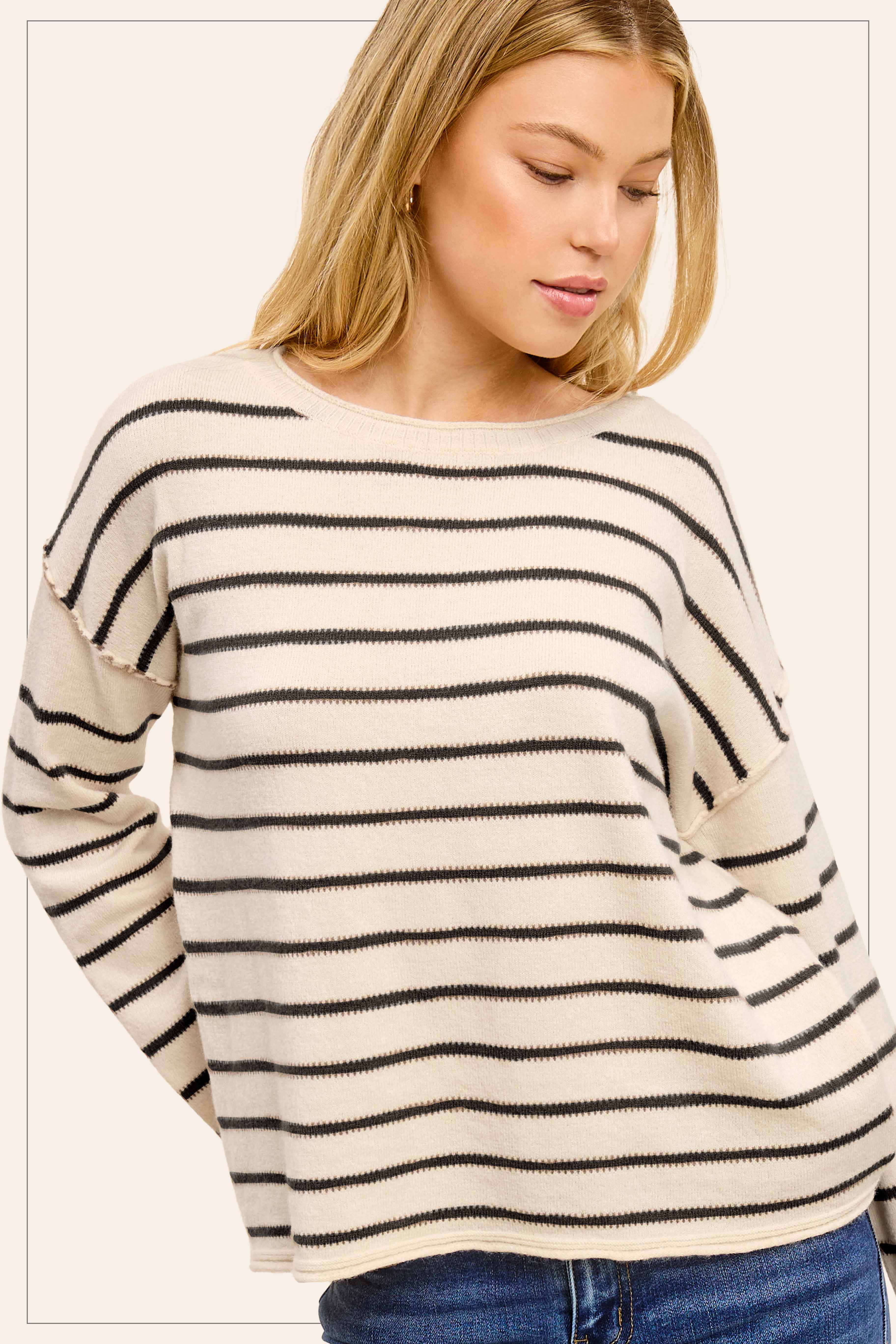 La Miel - Wholesale Knit Sweater - Women's - MCS3588-Striped Round Neck Loose Fit Long Sleeve Sweater20