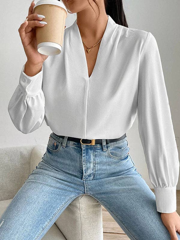 Sheer Trend - Vente Chemisier – femme - Blouses et chemises amples et plissées à manches longues, couleur unie, à joint fendu et col en V4