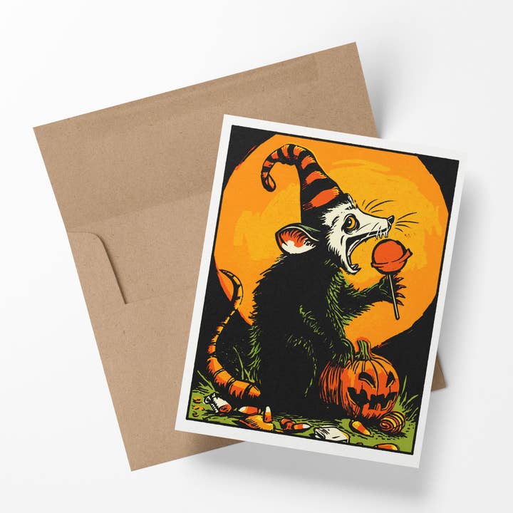 Possum Party - Retro Halloween Possum and Pumpkin Notecard for wholesale by Brainmeats Atelier