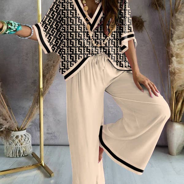 Urban Loose Printed V-Neck T-Shirts Tops& Drawstring Wide Leg Pants Suits for wholesale by Sheer Trend