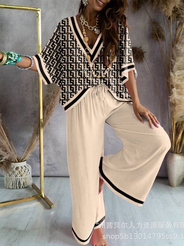 KHAKI Urban Loose Printed V-Neck T-Shirts Tops& Drawstring Wide Leg Pants Suits for wholesale on Faire0