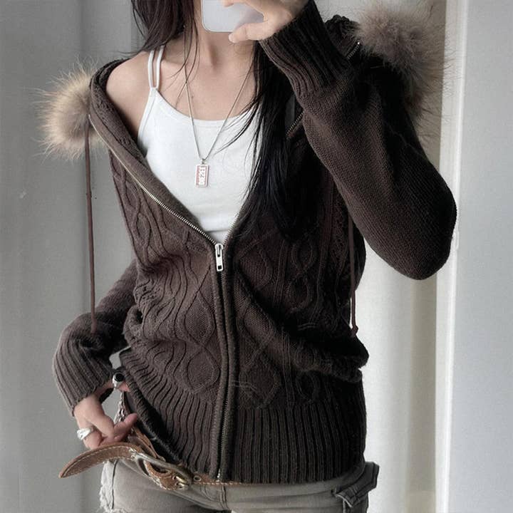 BROWN VINTAGE TWIST ZIPPER FUR HOODED CARDIGAN COAT for wholesale on Faire