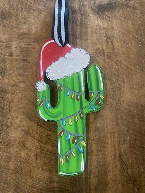 Christmas cactus hand painted ornament for wholesale by Pink Fish Studios, LLC.