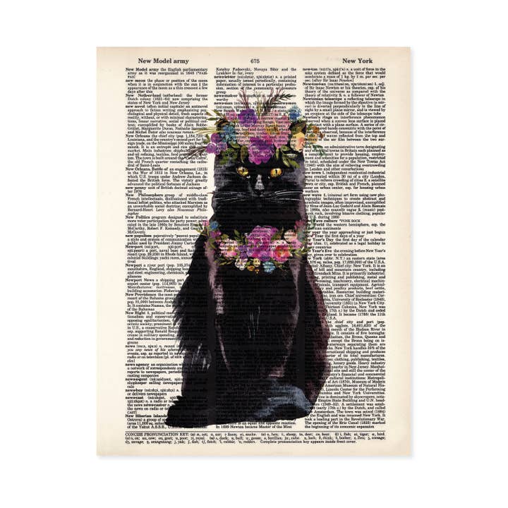 Black Cat with Watercolor Flowers on Dictionary Page Art for wholesale by Blue Twist & Co