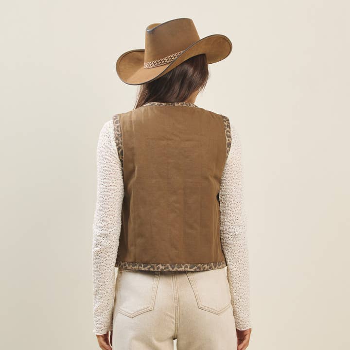 MOCHA Leopard trim padded vest for wholesale on Faire1