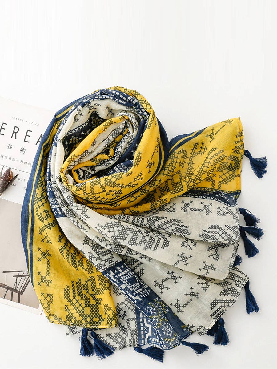 Beige Women Summer Artsy Colorblock Tassel Shawl Scarf for wholesale on Faire1