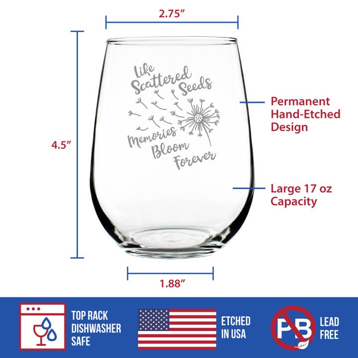 bevvee - Wholesale Wine Glass - Scattered Seeds Dandelion - Stemless Wine Glass - Sympathy