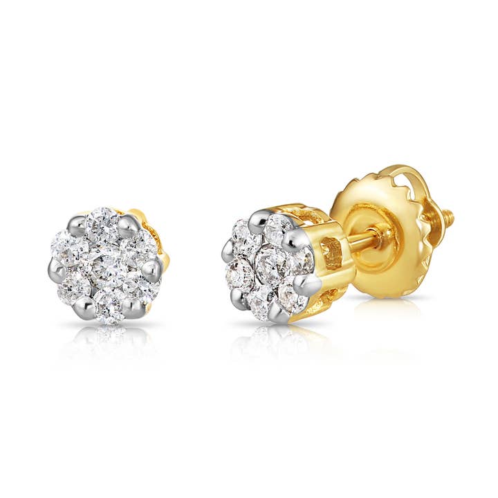 14K Yellow Gold Diamond Cluster Stud Earring with Screw-Back for wholesale by NY Gold & Silver Trading Inc.