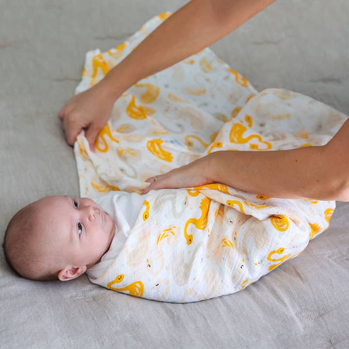 Adam Stork - Wholesale Swaddle - Baby - Muslin Swaddle Blanket Newborn Baby Girl Yellow Mango Swan4