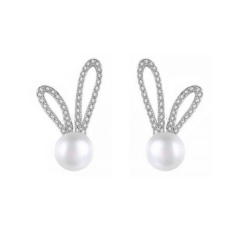 Perimade & Co. LLC - Wholesale Stud/Post Earrings - Dainty Cute Bunny Rabbit Pearl Stud Earrings in Solid Copper4