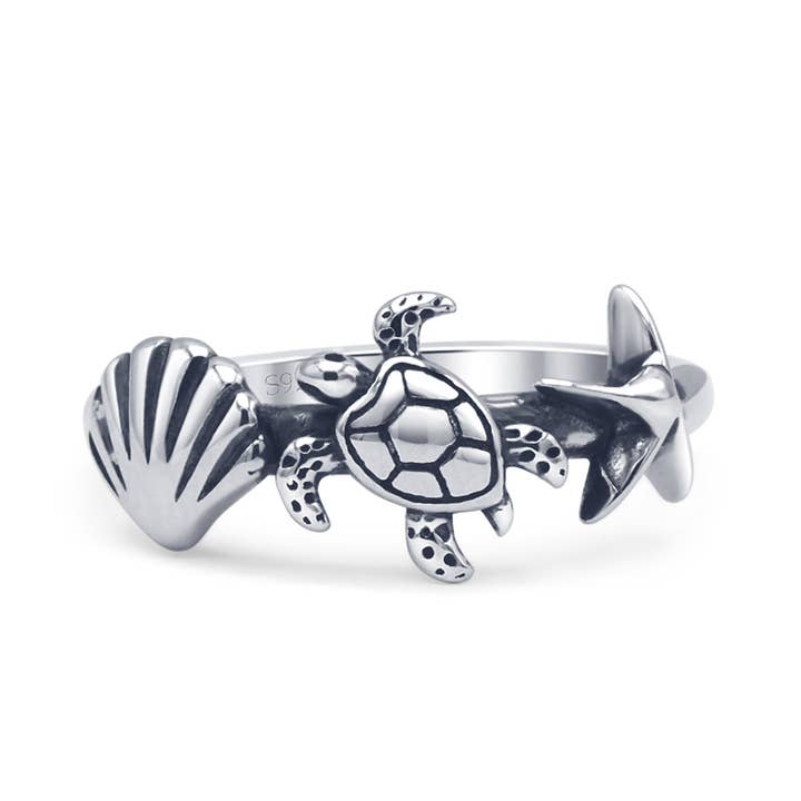Sterling Silver Oxidized Seashell Turtle & Starfish Ring for wholesale on Faire