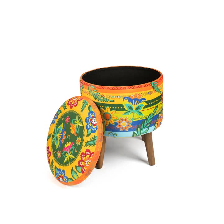 Bergamaschi & Vimercati S.p.a. - Wholesale Pouf - Gipsy Soul Excelsa storage pouf in velvet and wood 38x38x45 cm – Multicolor boho floral print3