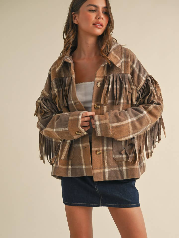 IJ1547 WOOL FRINGED DETAIL PLAID JACKET for wholesale by Klesis