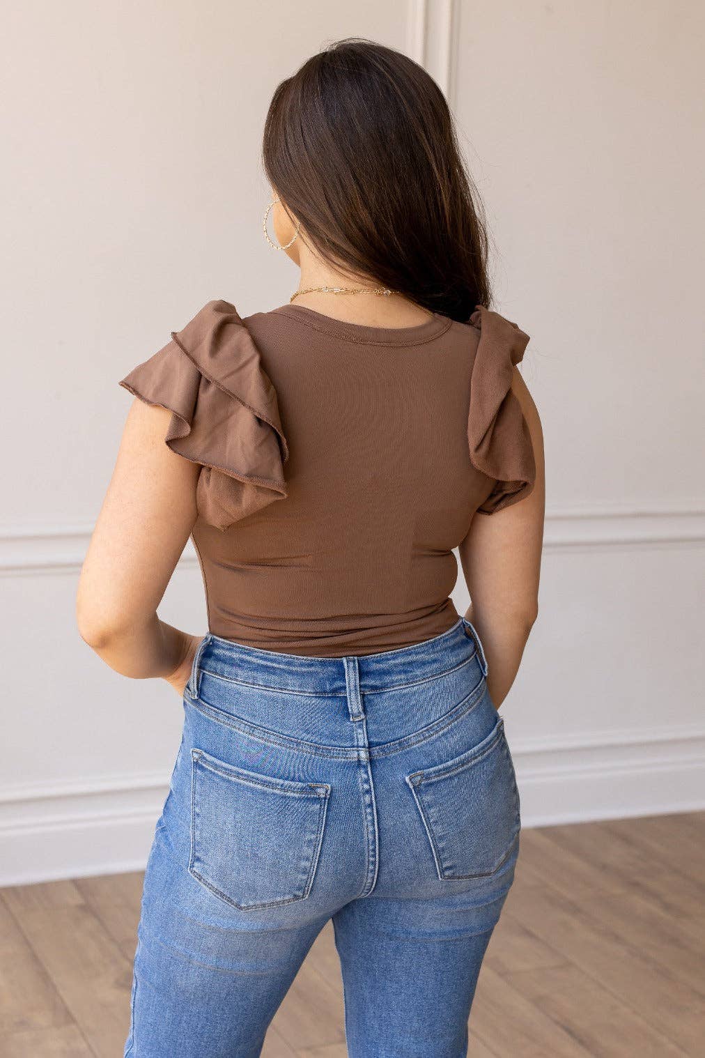 The Eloise Ruffle Sleeve Bodysuit, Brown for wholesale on Faire2
