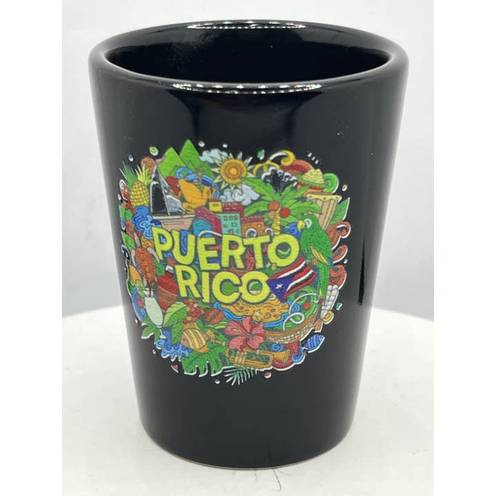 7 Star - Wholesale Shot Glass - Puerto Rico Design Black Ceramic Shot Glass 2 oz 1