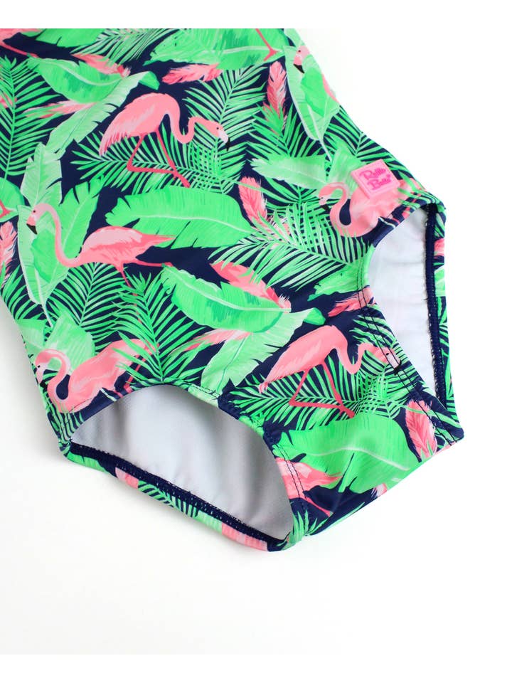 Multicolor Bañador de una pieza con lazo y espalda en V para niñas, estampado de flamencos enloquecidos. de venta al por mayor en Faire6