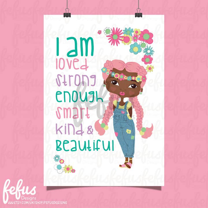I AM AFFIRMATION PINKY BRAIDS WALL ART | Fefus Designs por atacado de Fefus Designs