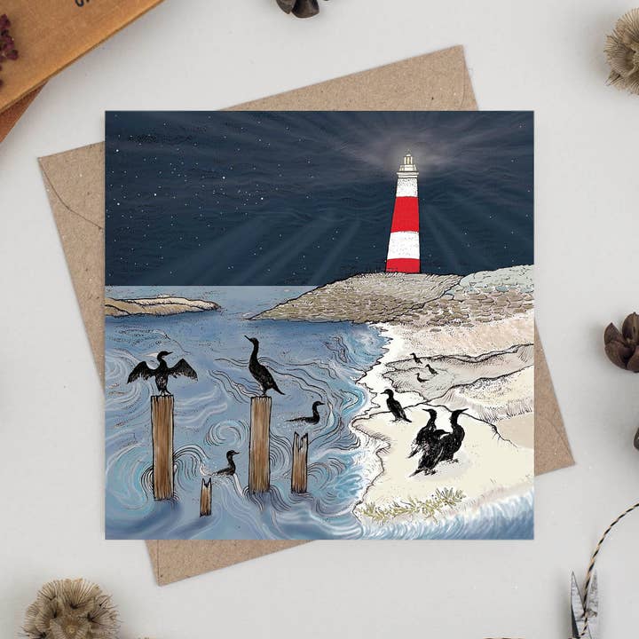 Biglietto di auguri Cormorani e faro per la vendita all'ingrosso da parte di Fay's Studio