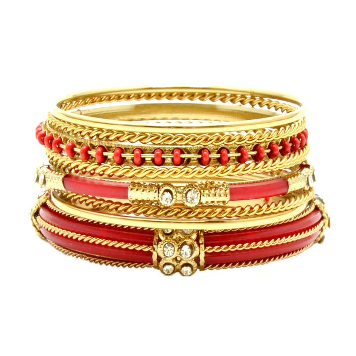 Indian Bangle 9 pc set in Red resin crystals in gold for wholesale by Erik & Mike