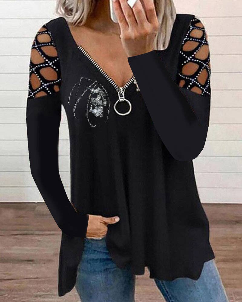 Black Mystery Skull V-Neck Cut-Out Rhinestone Top for wholesale on Faire