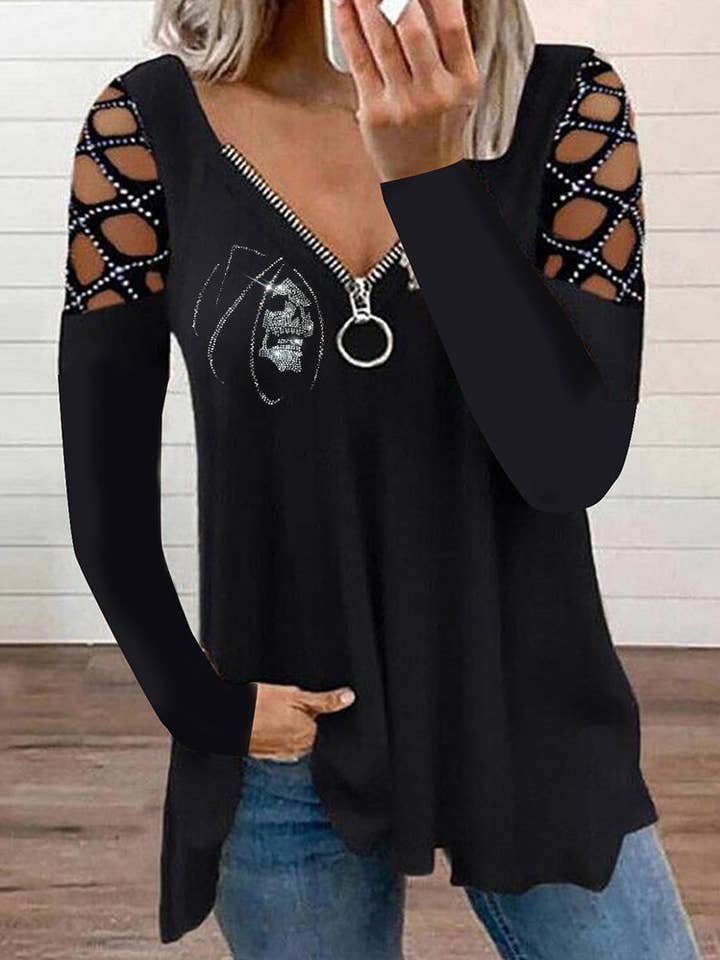 Black Mystery Skull V-Neck Cut-Out Rhinestone Top for wholesale on Faire0