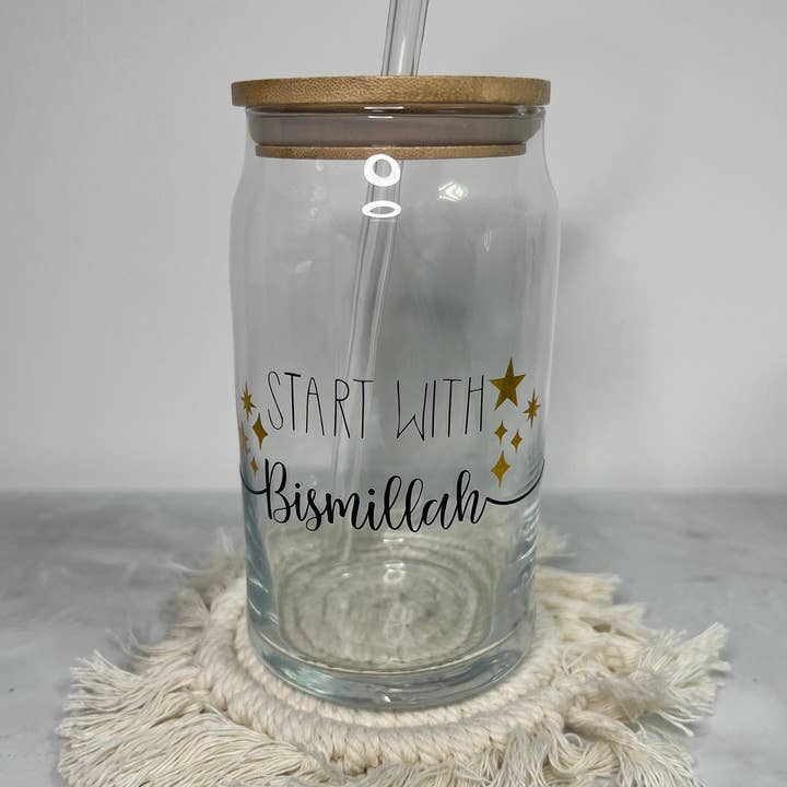 Hudaa & Co - Wholesale Drinking Glass/Cup - Start with Bismillah Glass Cup with Straw and Bamboo Lid | Libbey Cup | Drinkware | Reusable Cup | Beer Glass | Ramadan | Eid | Islam |0