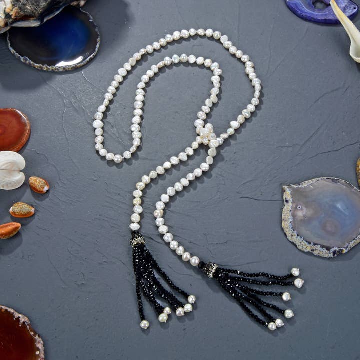 Pearl And Crystals Tassel Necklace - Jet Black for wholesale by IST Jewelry