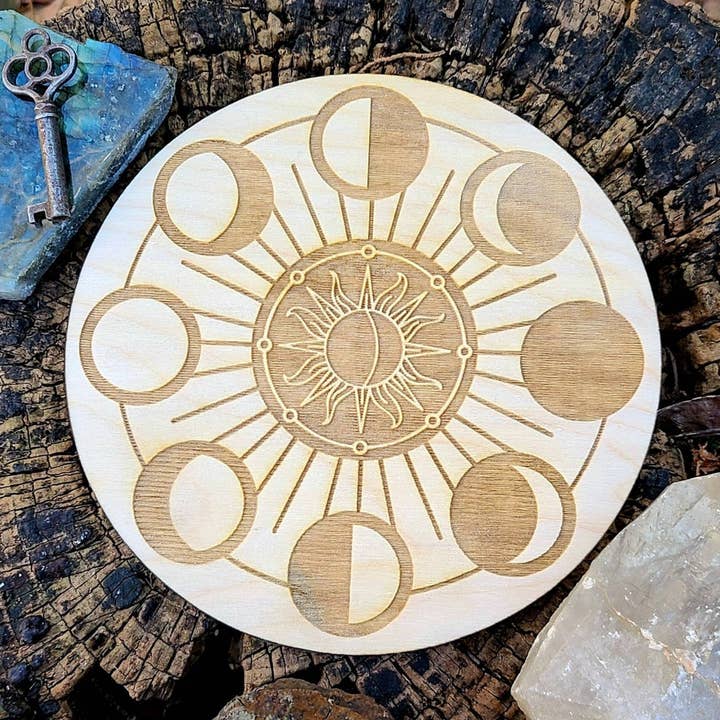 Moon Phases Crystal Grid Laser Engraved Wood Altar Plate for wholesale by Prism Moon Designs