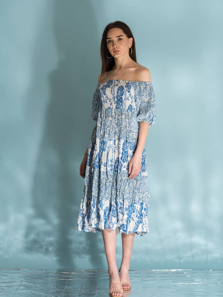 Waterfront Dress River Blue AN609B for wholesale by Handprint Dream Apparel